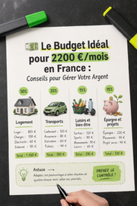 Femme souriante entourée de notes et d'un ordinateur, travaillant sur son budget mensuel.