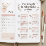 Image d'un habit tracker coloré sur un bureau avec des stylos, représentant une routine organisée.
