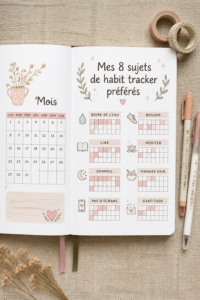 Image d'un habit tracker coloré sur un bureau avec des stylos, représentant une routine organisée.