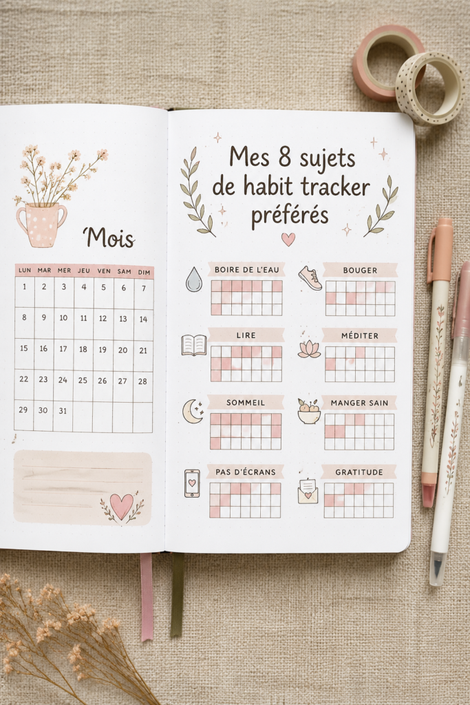 Image d'un habit tracker coloré sur un bureau avec des stylos, représentant une routine organisée.