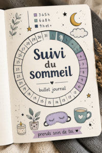 Close-up of a bullet journal open with sleep tracking pages and a cozy setting.