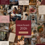 Une femme crée un vision board inspirant pour 2026 avec des images et des mots motivants.