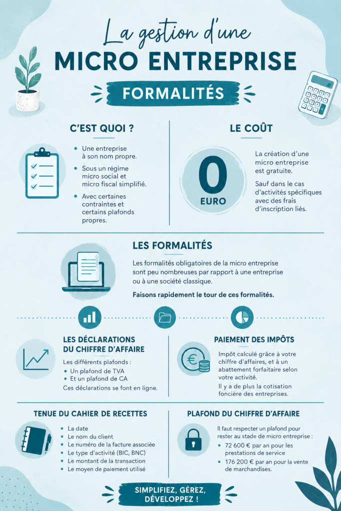 Une femme souriante gérant sa micro entreprise, entourée de documents administratifs.