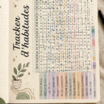 Un habit tracker coloré dans un Bullet Journal avec des dessins et des notes.