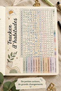 Un habit tracker coloré dans un Bullet Journal avec des dessins et des notes.