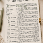 Un Bullet Journal ouvert avec un habit tracker coloré utilisé pour suivre les habitudes quotidiennes.