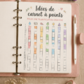 Un carnet à points ouvert avec des illustrations colorées et des notes organisées.