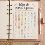 Un carnet à points ouvert avec des illustrations colorées et des notes organisées.