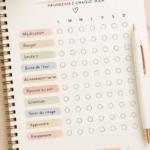 Un élégant tracker d'habitudes sur un bureau en bois avec des couleurs pastel