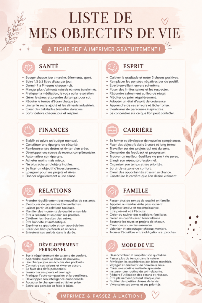 Modèle simple et clair pour une liste d'objectifs de vie
