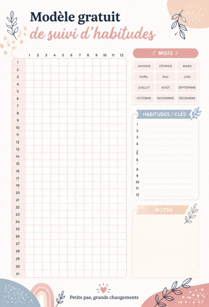 Modèle de suivi d'habitudes gratuit sur un bureau avec des stylos