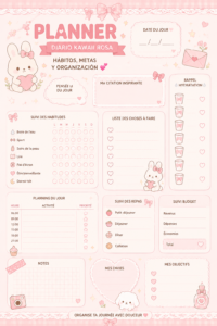 Un planner kawaii rose ouvert avec des notes et des stylos colorés pour une organisation efficace.