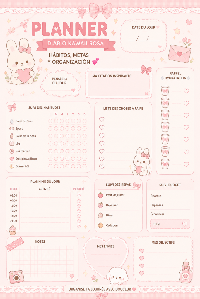 Un planner kawaii rose ouvert avec des notes et des stylos colorés pour une organisation efficace.