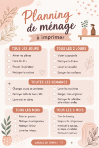 Un planning de ménage imprimé avec des tâches organisées sur une table en bois