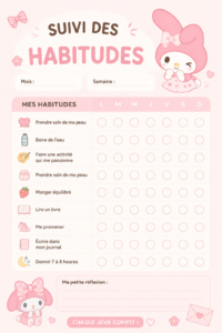 Illustration de My Melody avec un habit tracker mignon pour suivre ses habitudes.