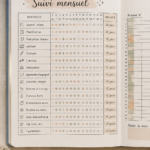Une page de Bullet Journal montrant un suivi mensuel de routines de soin.