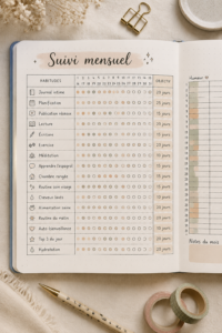 Une page de Bullet Journal montrant un suivi mensuel de routines de soin.
