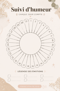 Un planner moderne avec un suivi d'humeur floral pour 2024, entouré de fleurs.