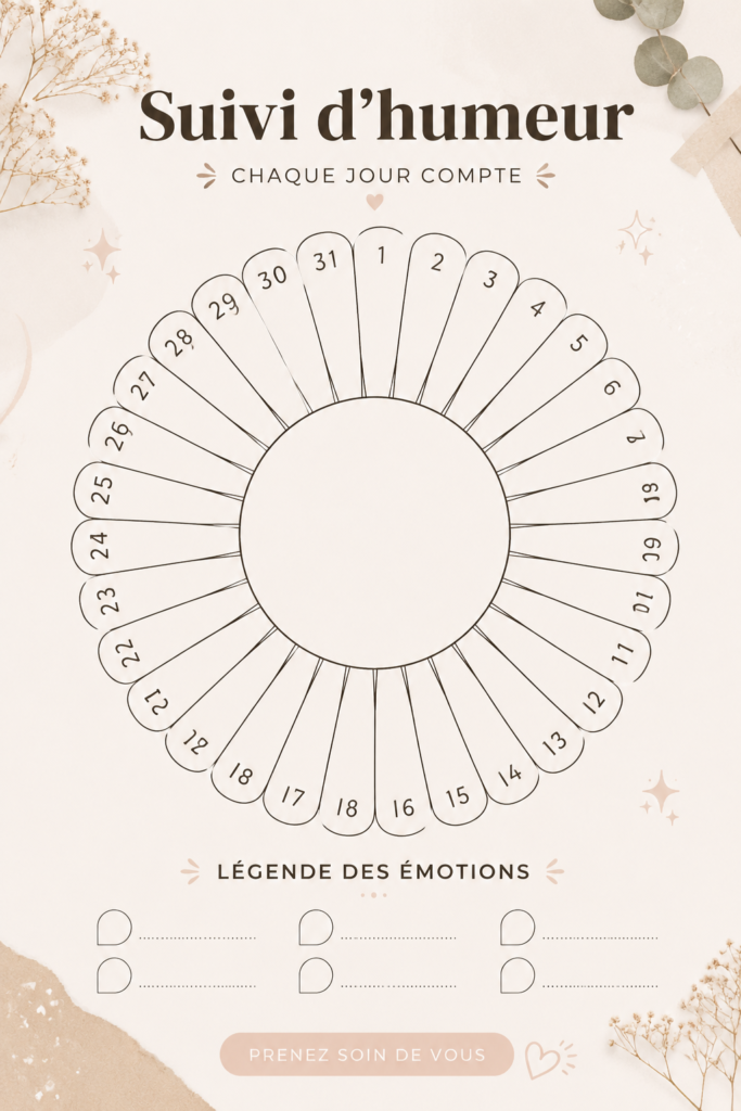 Un planner moderne avec un suivi d'humeur floral pour 2024, entouré de fleurs.