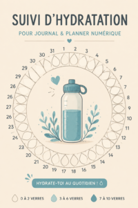 Femme utilisant un bullet journal pour suivre sa consommation d'eau.