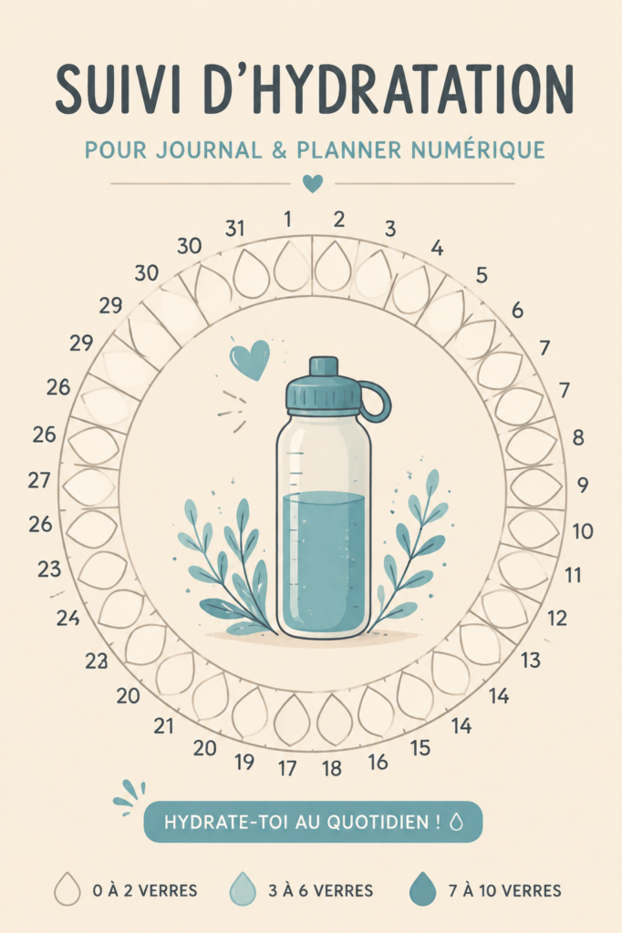 Femme utilisant un bullet journal pour suivre sa consommation d'eau.