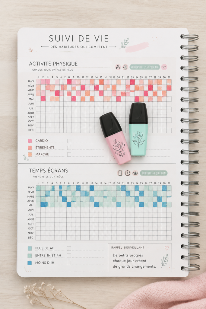 Femme souriante prenant des notes dans un cahier, représentant le suivi de sa vie avec plaisir.