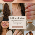 Une femme regardant un tableau de rêve rempli d'images inspirantes.