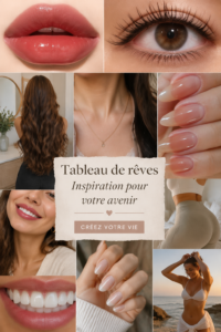 Une femme regardant un tableau de rêve rempli d'images inspirantes.