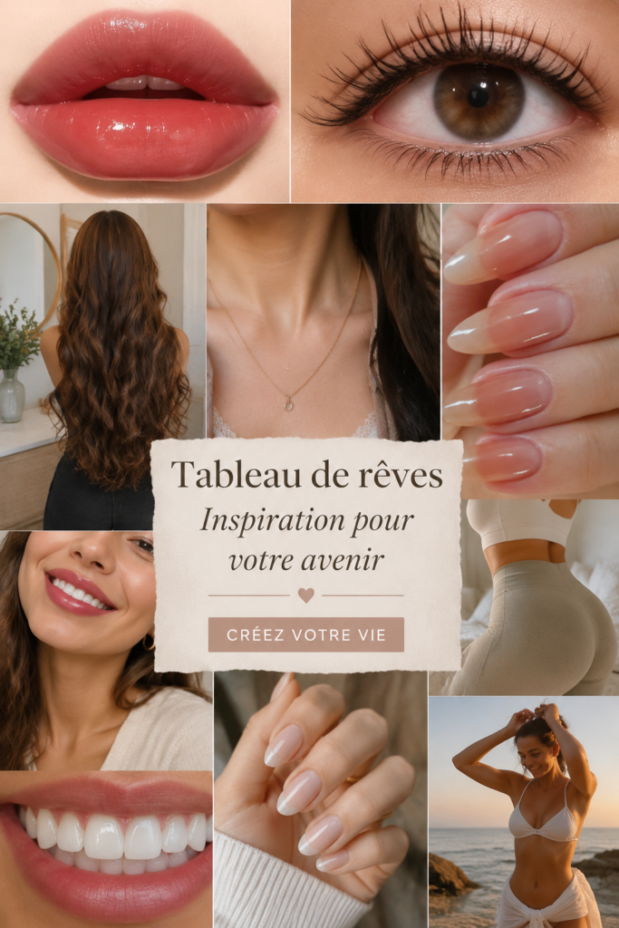 Une femme regardant un tableau de rêve rempli d'images inspirantes.