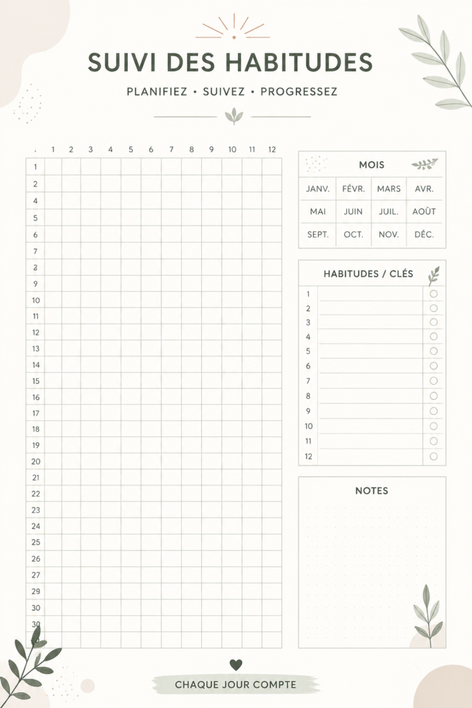 Un modèle de tracker d'habitudes en PDF sur un bureau cosy