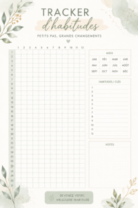 Modèle de tracker d'habitudes imprimable sur une table avec des fournitures de bureau.