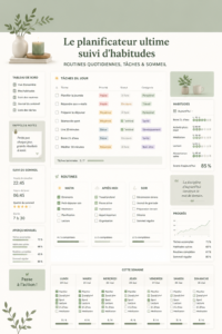 Un aperçu d'un tracker d'habitudes sur Notion, organisé et coloré, illustrant des routines quotidiennes et des tâches à accomplir.
