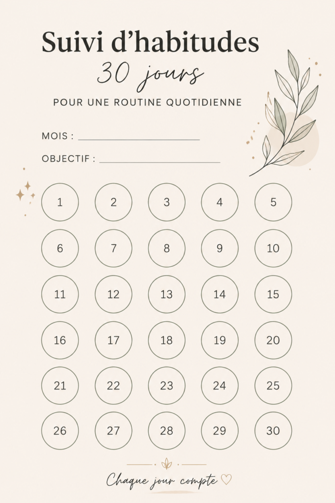 Femme utilisant un planner d'habitudes avec un stylo, entourée de fournitures de bureau