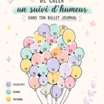Un bullet journal ouvert avec un tracker d'humeur coloré, entouré de matériel d'écriture.