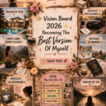 Une femme souriante créant son vision board 2026 avec collages et inspirations.