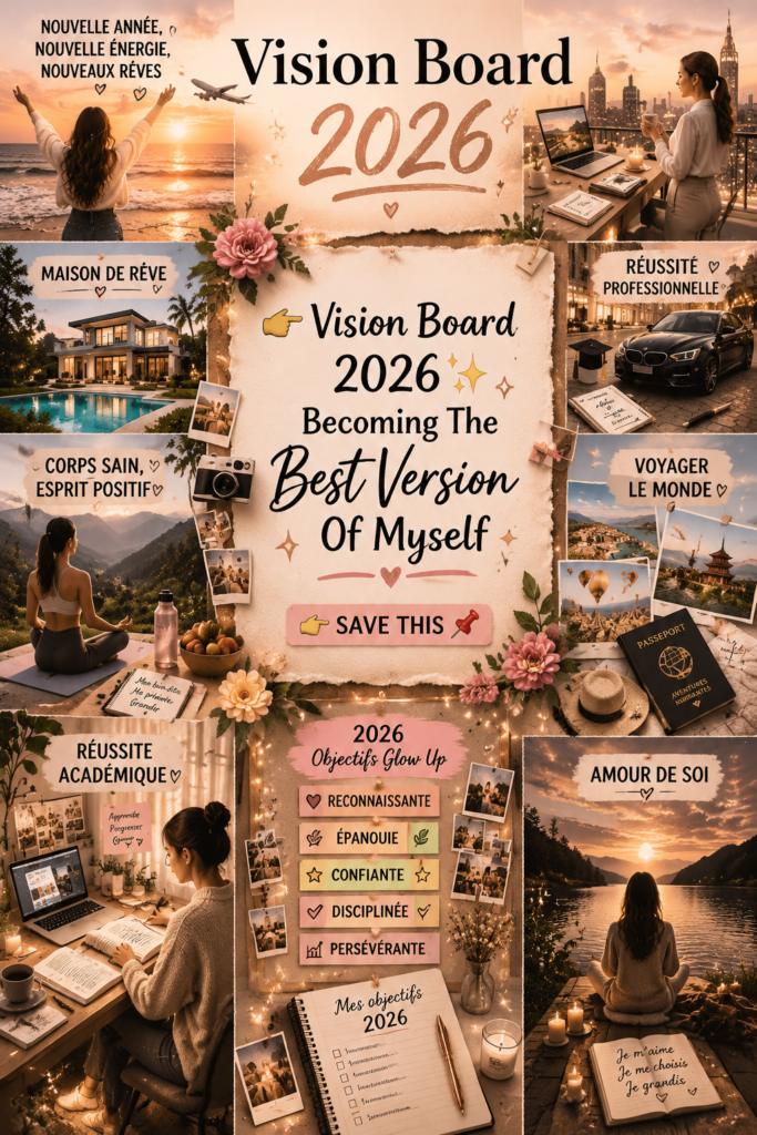 Une femme souriante créant son vision board 2026 avec collages et inspirations.