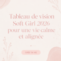Un vision board doux avec des images apaisantes et inspirantes sur fond pastel.