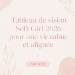 Un vision board doux avec des images apaisantes et inspirantes sur fond pastel.