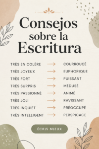 Femme concentrée sur l'écriture avec un stylo et un cahier, cherchant des synonymes.