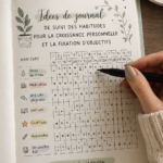 Bullet journal mensuel avec des illustrations et un suivi des habitudes