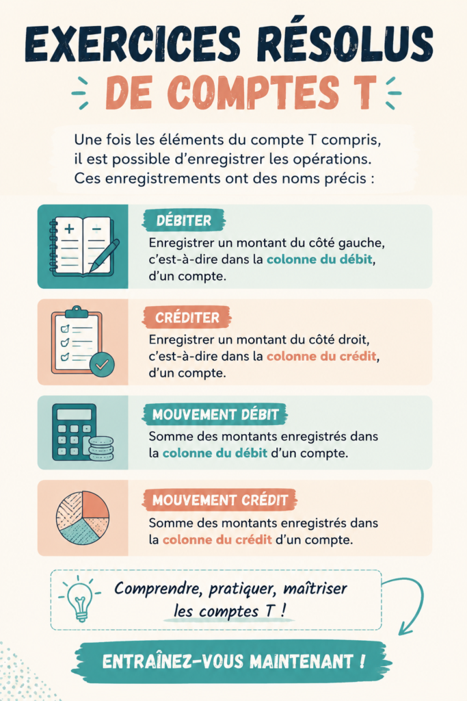 Illustration d'un compte T avec des exemples d'entrées et de sorties.