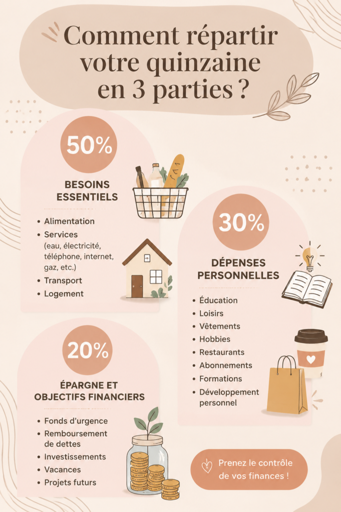 Femme souriante consultant son budget sur un ordinateur avec des notes et un calculateur.