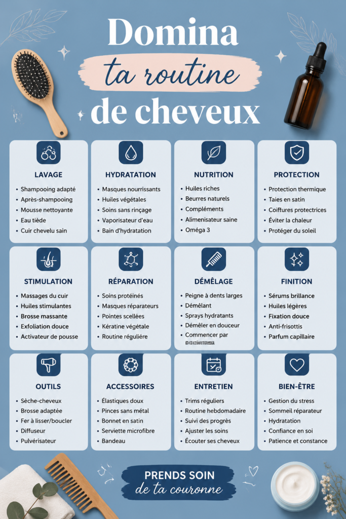 Femme appliquant un soin capillaire sur ses cheveux longs et brillants