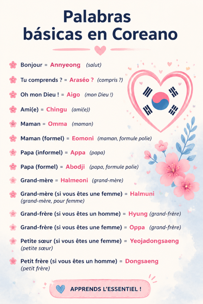 Un tableau présentant des mots de base en coréen avec leur traduction en français.