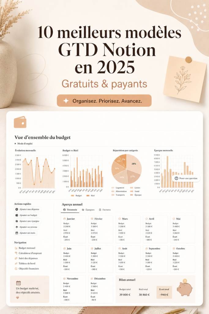 Capture d'écran des modèles Notion sur un ordinateur, montrant une interface organisée.