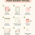 Une image d'un ordinateur portable avec un agenda virtuel coloré et des notes personnelles.