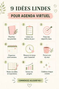 Une image d'un ordinateur portable avec un agenda virtuel coloré et des notes personnelles.