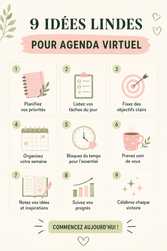 Une image d'un ordinateur portable avec un agenda virtuel coloré et des notes personnelles.