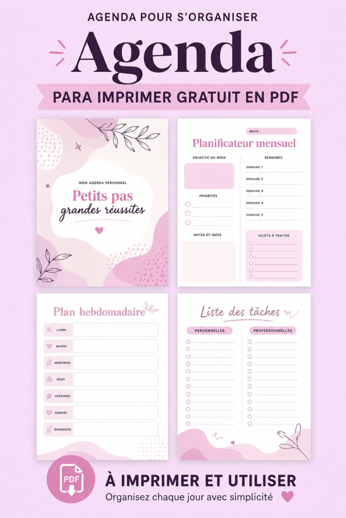 Agenda imprimable en PDF avec des pages planifiées pour organiser son temps.
