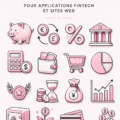 Collection d'icônes roses modernes pour applications financières.